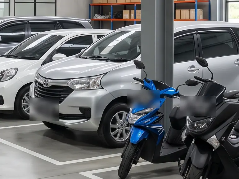 Ilustrasi mobil MPV silver yang terparkir di area penyimpanan