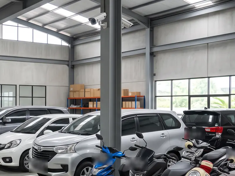 Ilustrasi kamera CCTV yang mengawasi area penyimpanan mobil