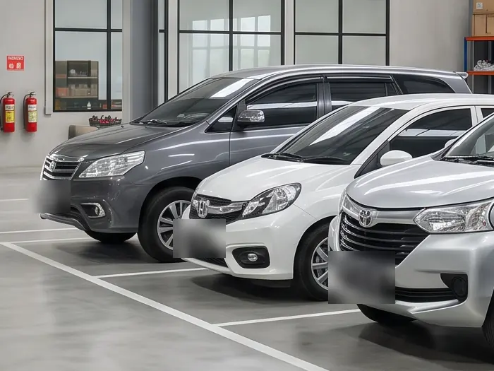 Ilustrasi mobil MPV abu-abu dan hatchback putih di area penyimpanan